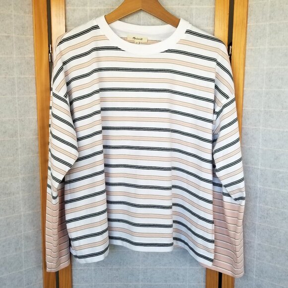 Madewell Easy Crewneck Long-Sleeve Tee Shirt in Pale Blush Striped Size XS - Picture 2 of 8